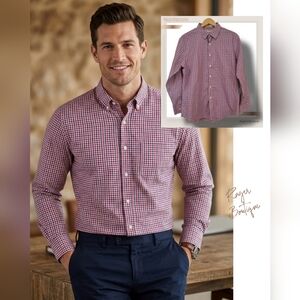 🌿Nordstrom Mens Large Trim Fit Red White Blue Longsleeve Checkered Shirt